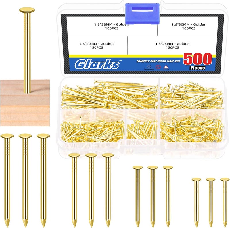 Glarks 500pcs 3/4’’ 1’’ 1-3/16’’ 1-1/2’’ Length Nail Assortment Kit, Golden Hanging Nails, Finishing Nails, Wall Nails, Wood Nails, Common Nails, Hardware Nails for Picture Wall Hanging - Image 1